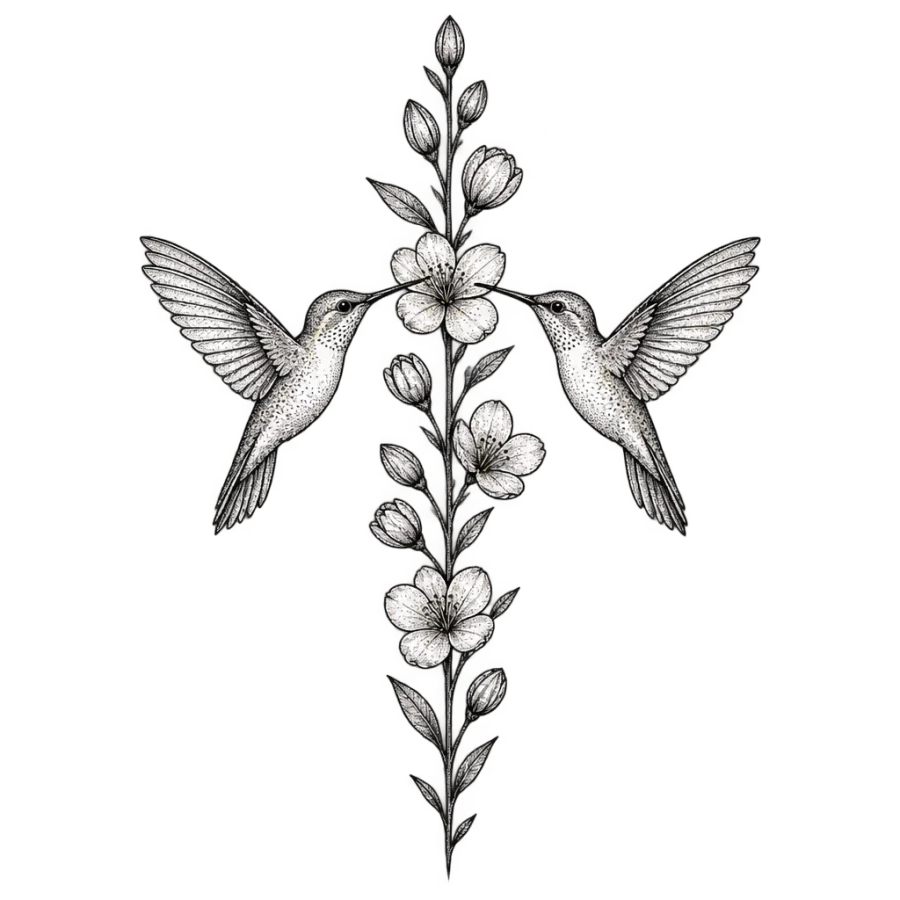 Fine line sternum tattoo of two mirrored hummingbirds beside a blossom stem