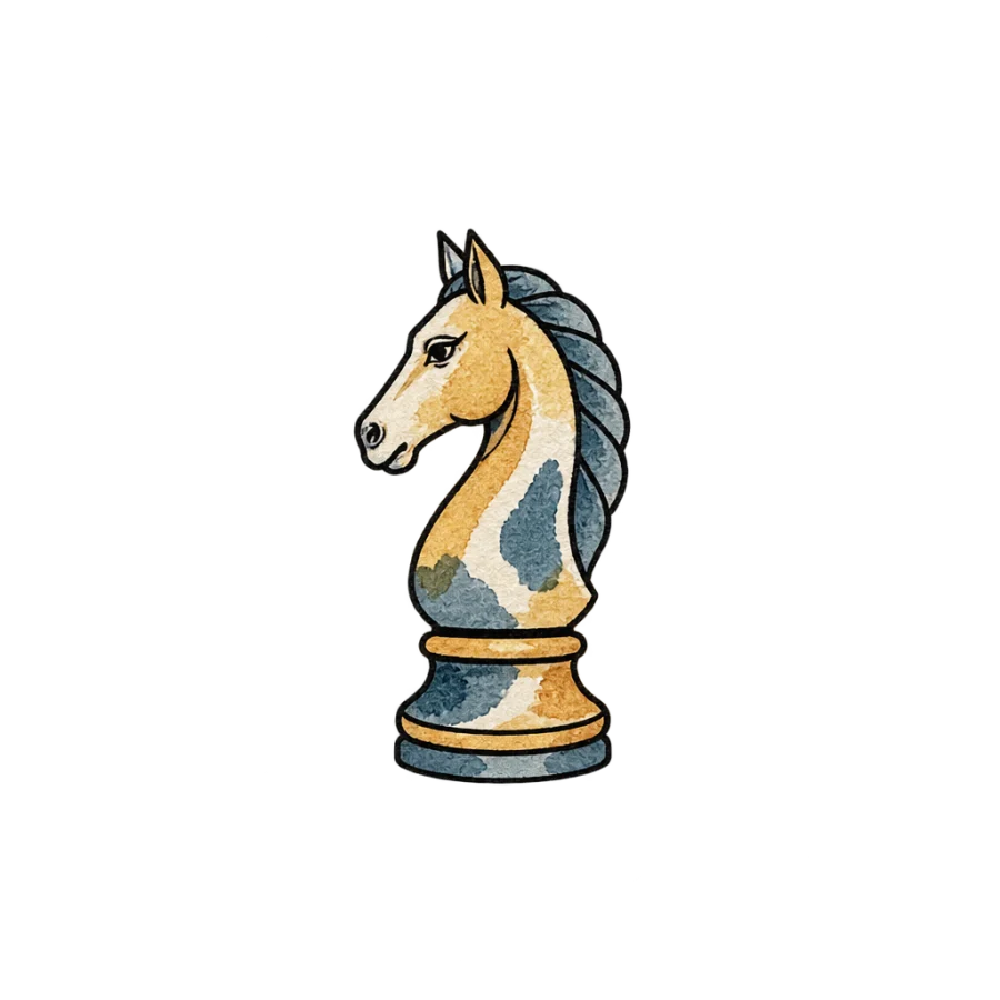 Watercolour finger tattoo of a small chess knight piece in profile