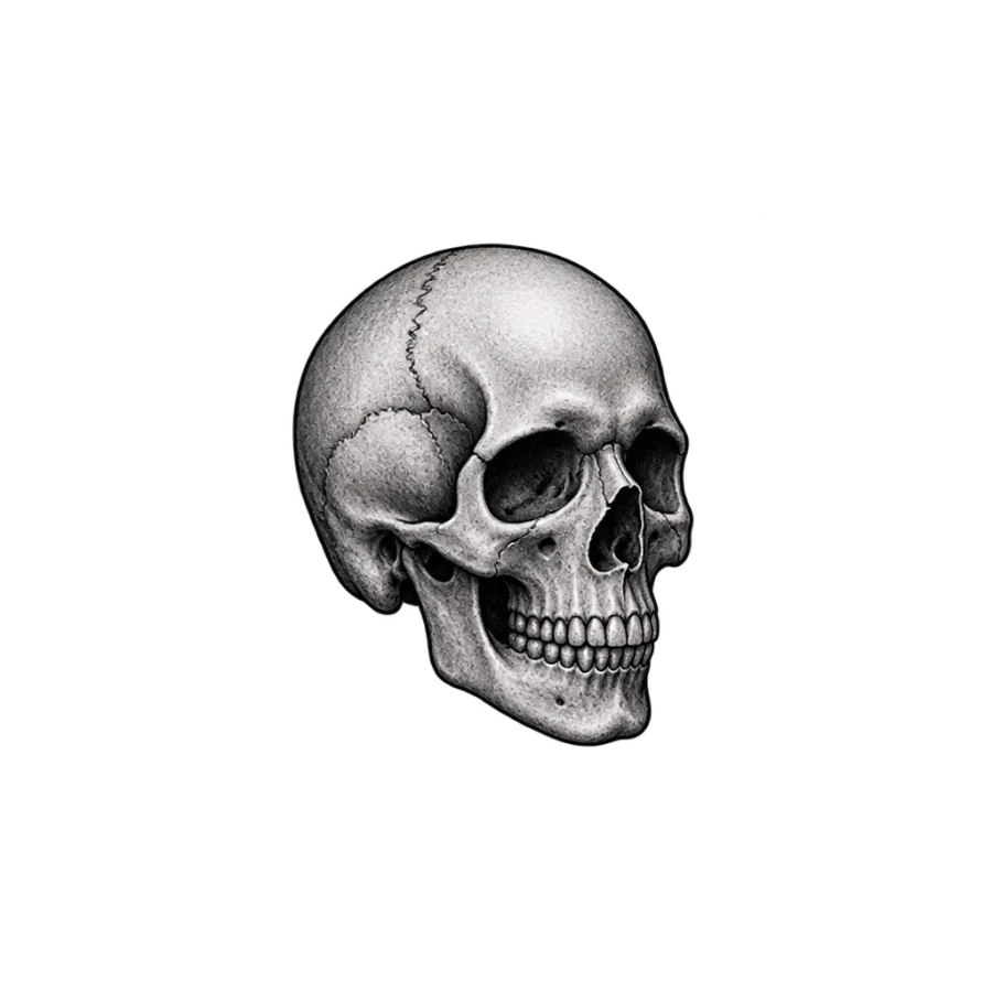 Black and grey finger tattoo of a small skull in three quarter view
