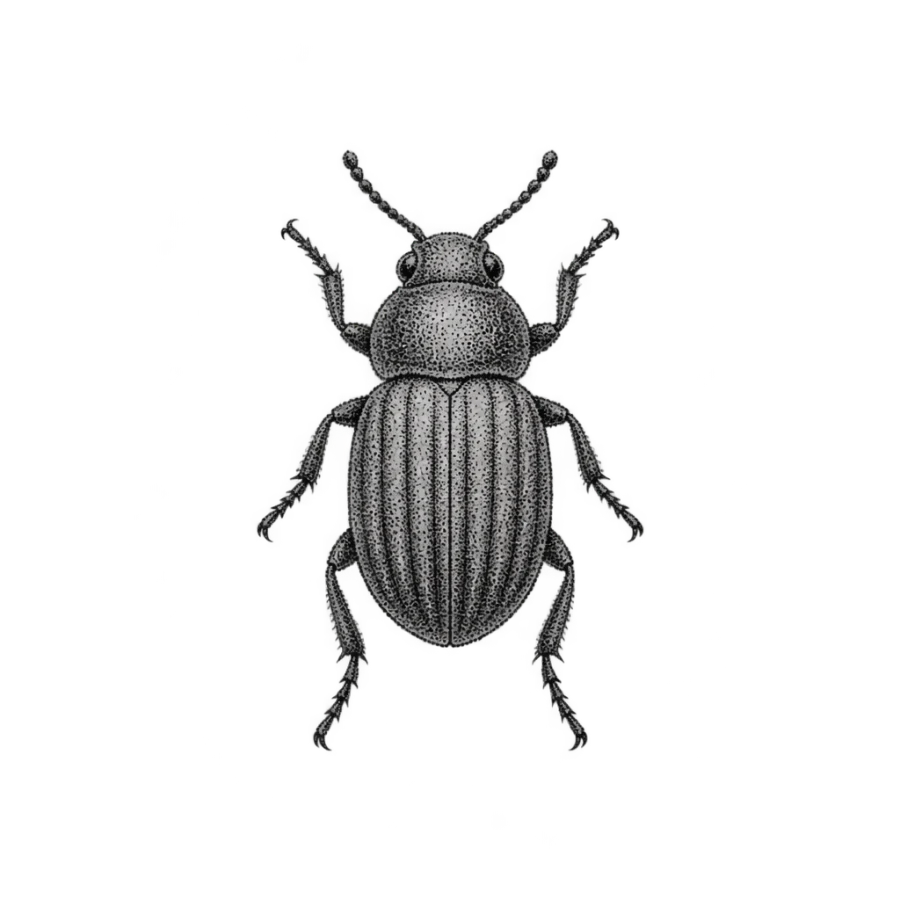 Dotwork finger tattoo of a small beetle seen from above with a ridged shell