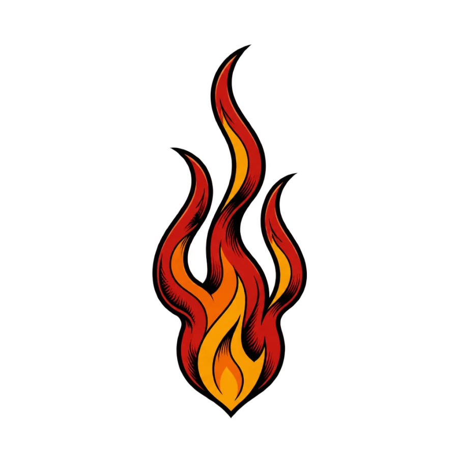 Neo traditional finger tattoo of a small flame with three curling tongues
