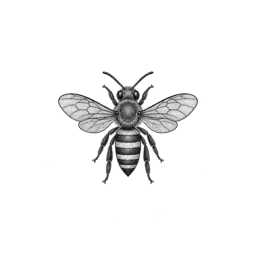 Fine line finger tattoo of a small honey bee with open wings