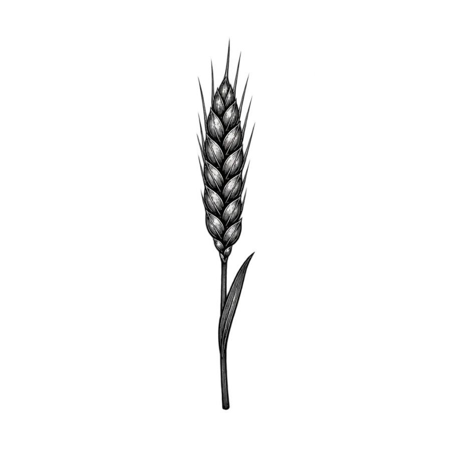 Engraved finger tattoo of a small wheat sprig with tight grains