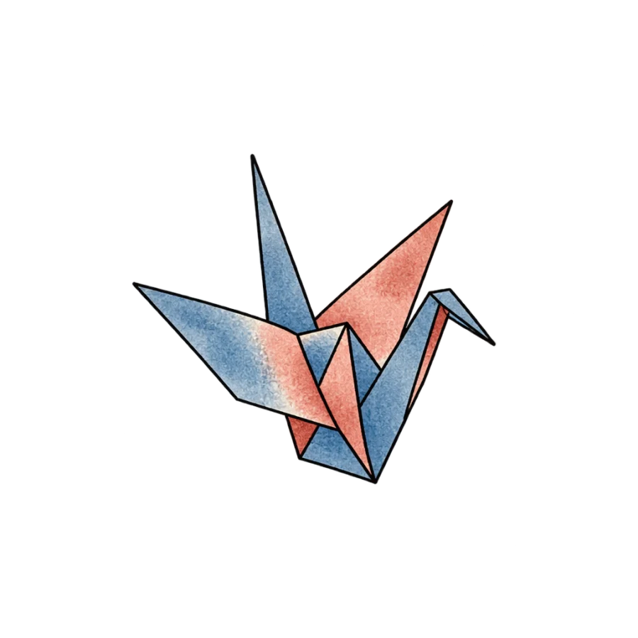 Watercolour finger tattoo of a small origami crane in folded planes