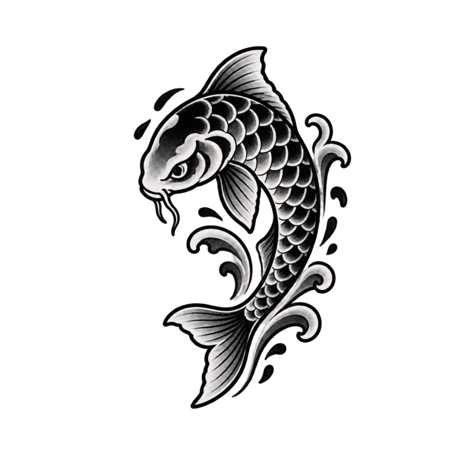 Japanese style finger tattoo of a small koi curling with water lines