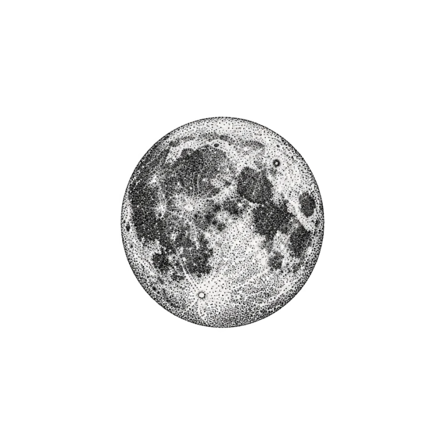 Dotwork finger tattoo of a small full moon with a cratered surface