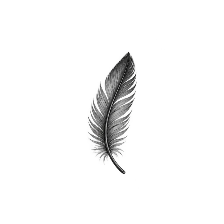 Black and grey finger tattoo of a small feather with fine separated barbs