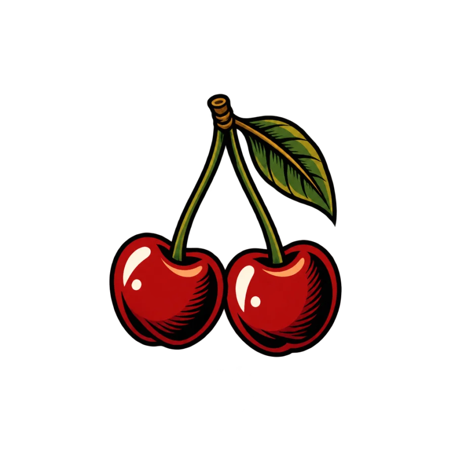Neo traditional finger tattoo of a small pair of cherries on one stem