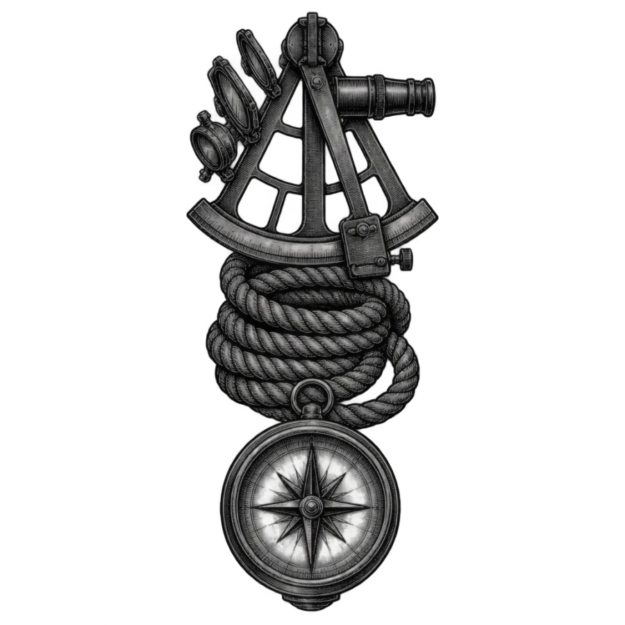 Engraved forearm tattoo design stacking a sextant, rope coil and compass