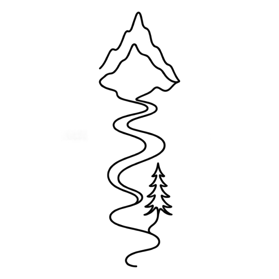 Single continuous line forearm tattoo design of a mountain, river and pine