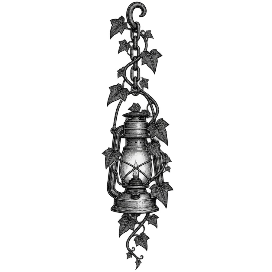 Engraved oil lantern and ivy tattoo design shaped as a narrow forearm column