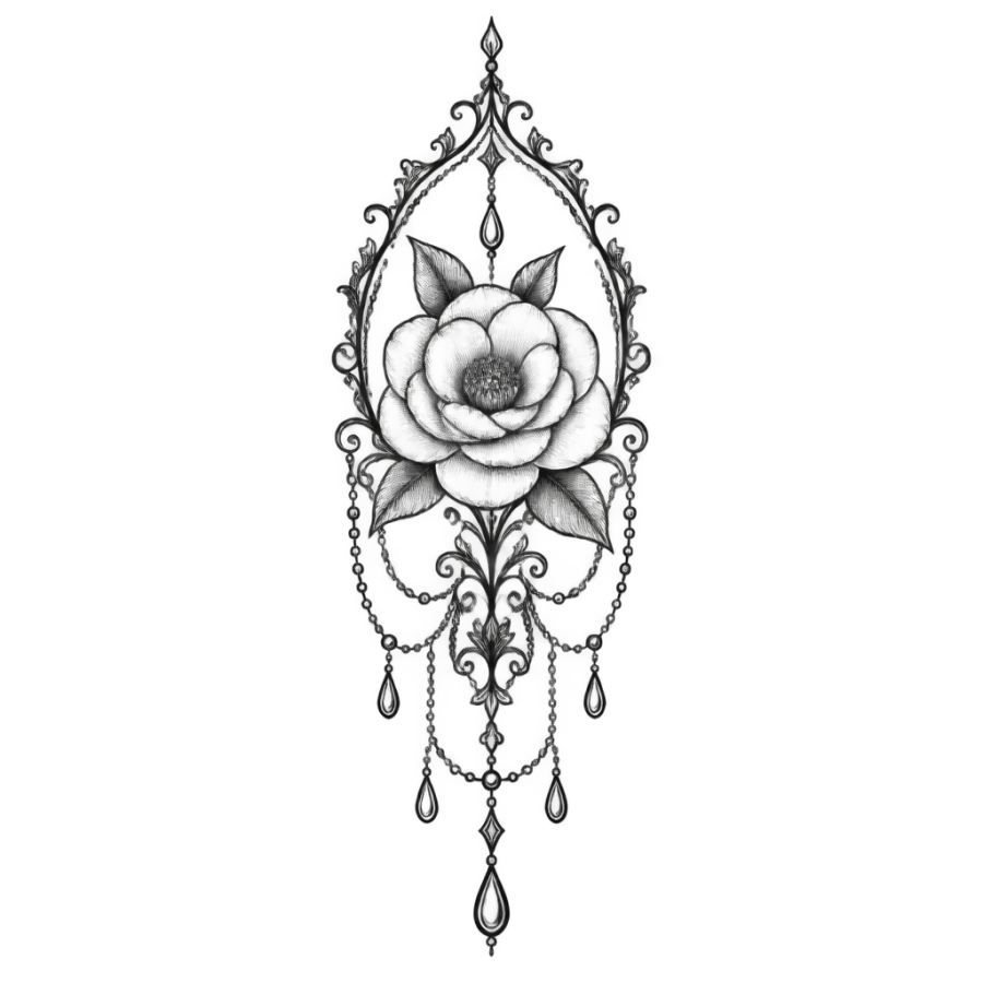 Ornamental filigree camellia tattoo design in a lace arch for the forearm