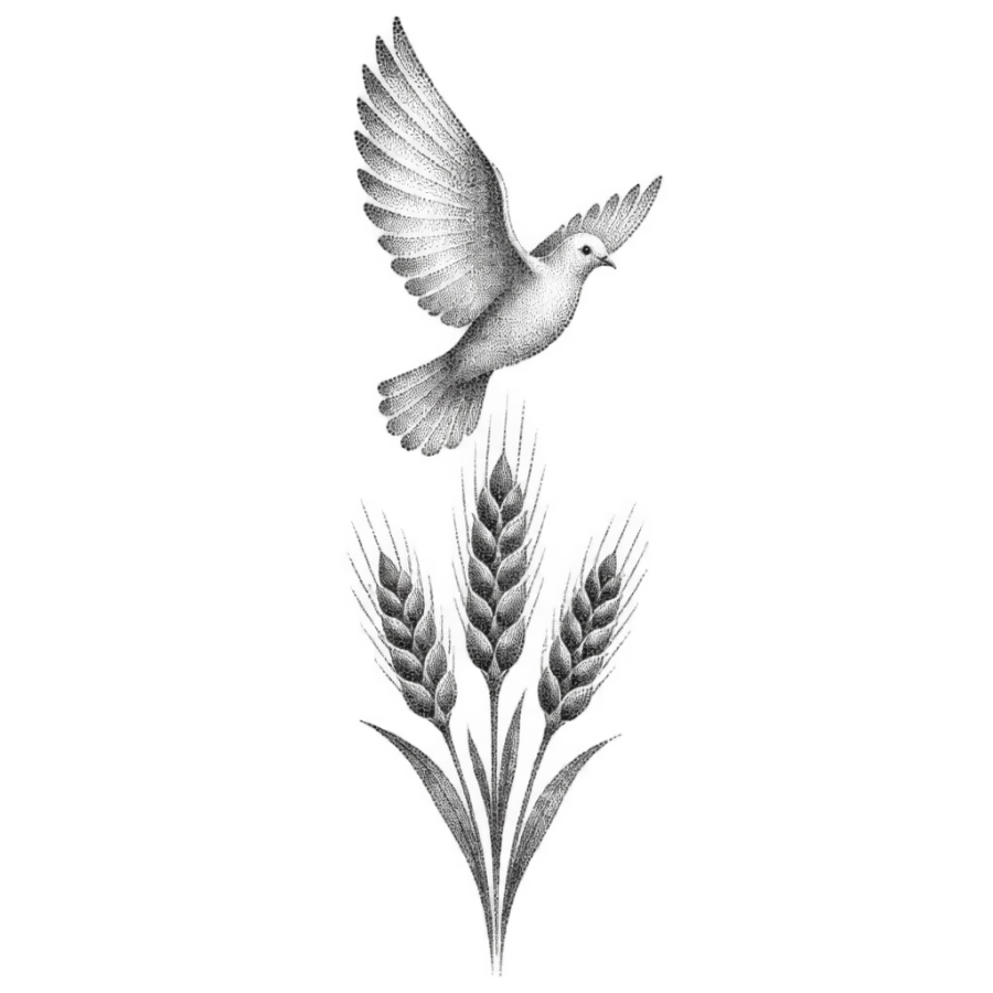 Dotwork dove and wheat tattoo design shaped as a narrow forearm column