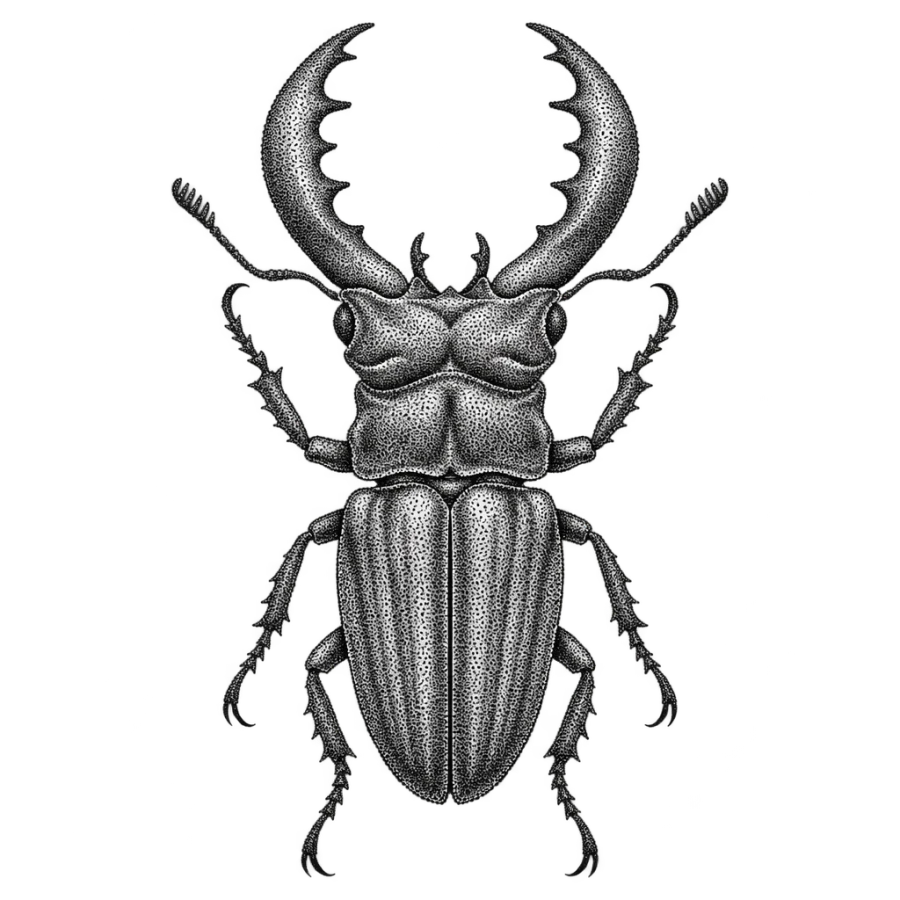Dotwork hand tattoo of a stag beetle seen from above with broad mandibles