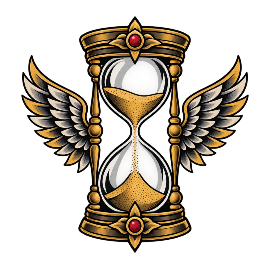 Neo traditional hand tattoo of a winged hourglass with streaming sand