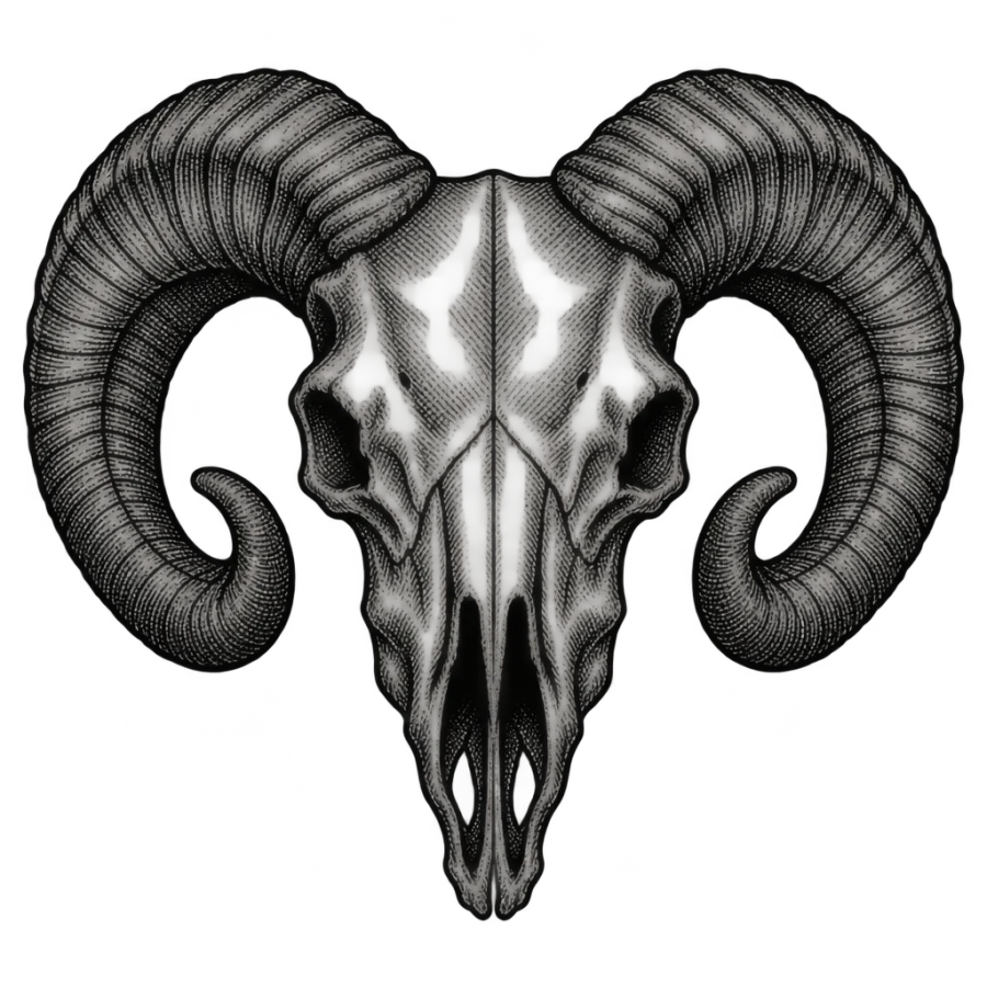 Woodcut ram skull tattoo design proportioned for the back of the hand