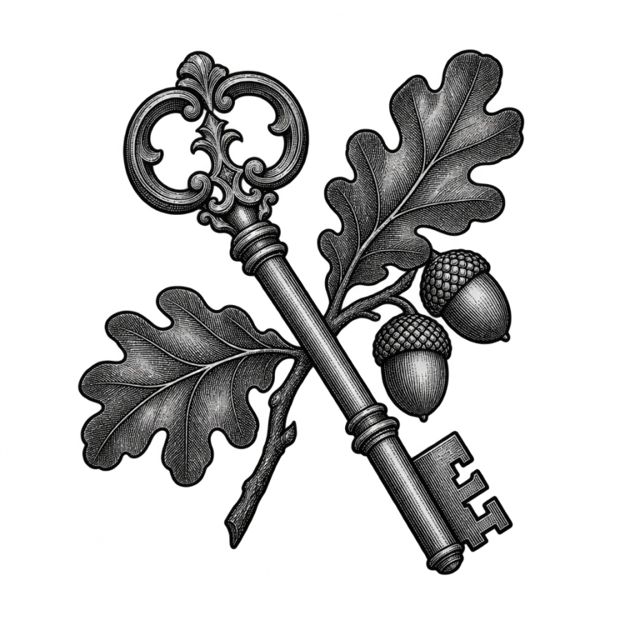 Engraved hand tattoo of a skeleton key crossed with an oak sprig and acorns