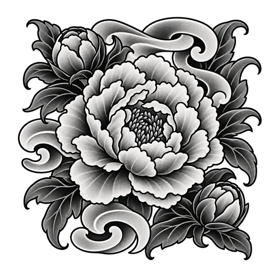 Japanese irezumi hand tattoo of a peony in bloom with two tight buds