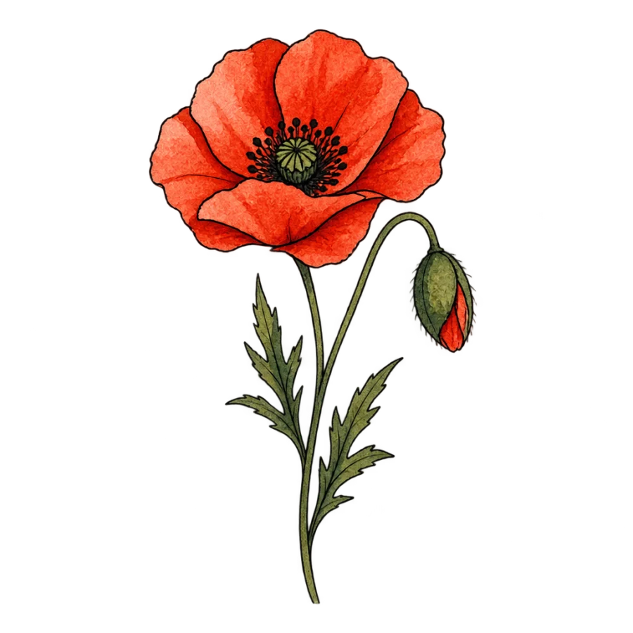 Watercolour hand tattoo of a poppy in bloom with a nodding bud