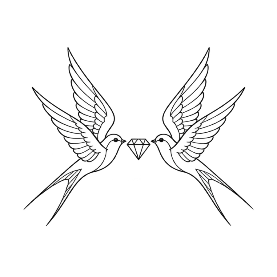 Fine line mirrored swallow pair tattoo design sized for the hand