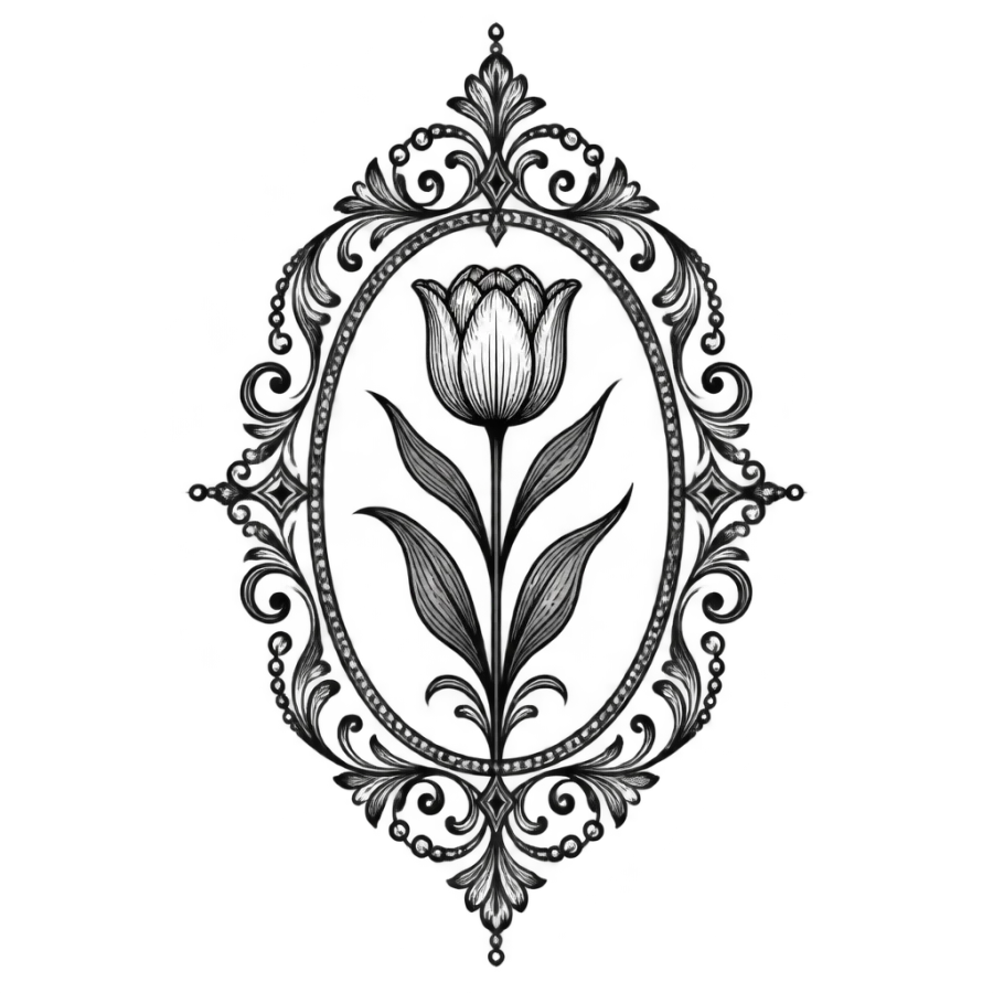 Ornamental filigree frame tattoo design holding a tulip for the hand