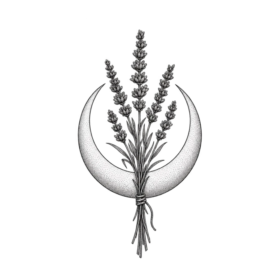 Fine line hand tattoo of a crescent moon cradling a bundle of dried lavender