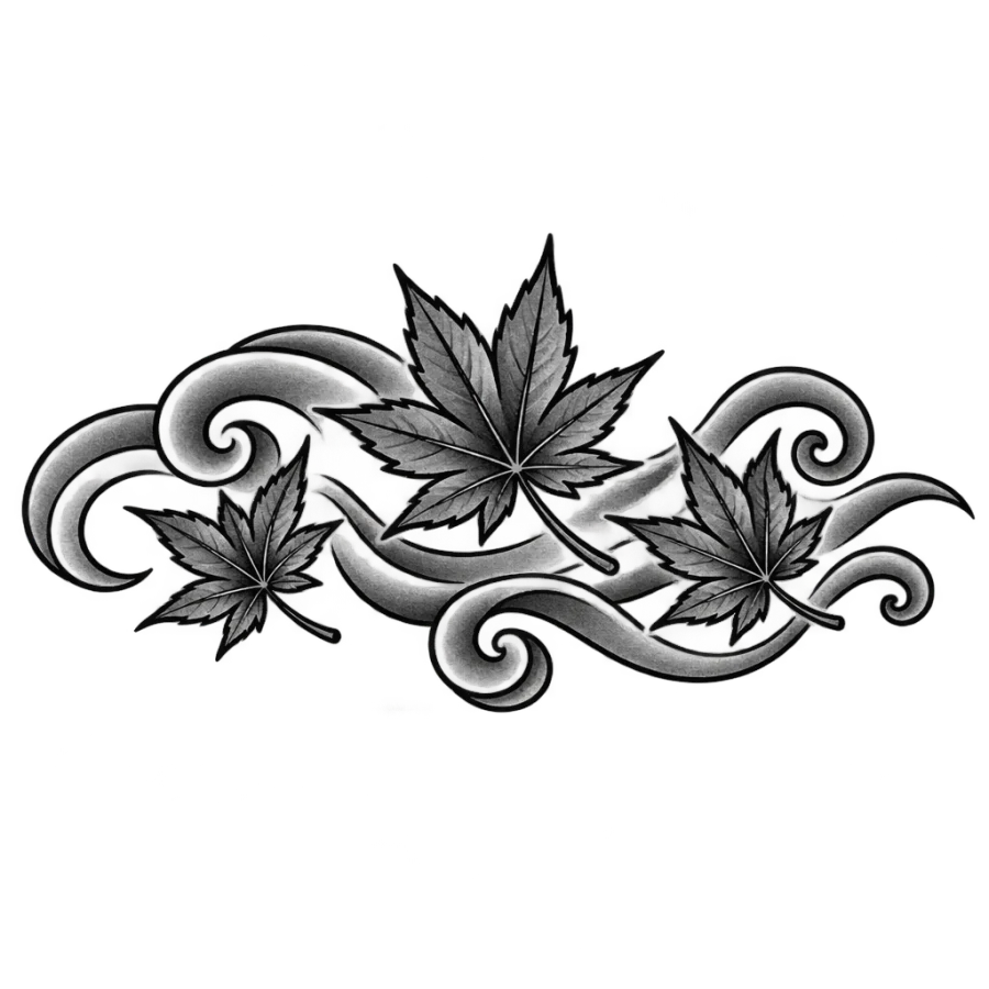 Japanese irezumi neck tattoo of three maple leaves drifting on wind bars
