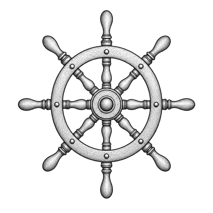 Fine line neck tattoo of a ship's steering wheel with eight turned spokes
