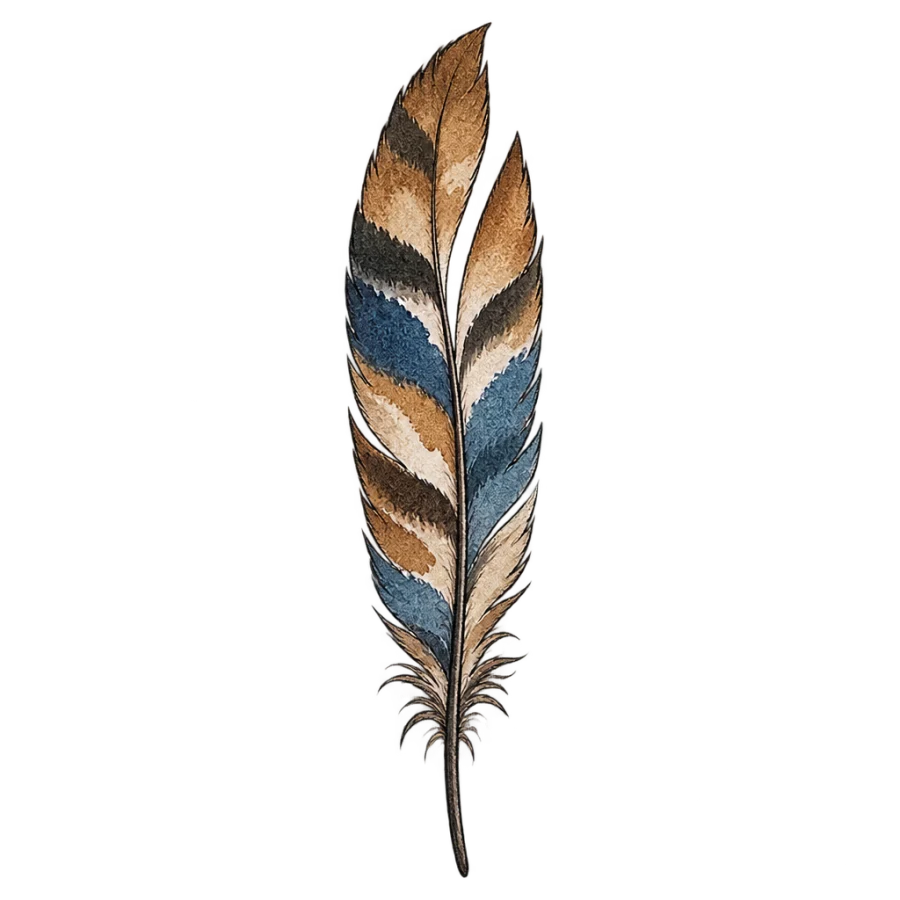 Watercolour neck tattoo of an upright hawk feather with a split vane