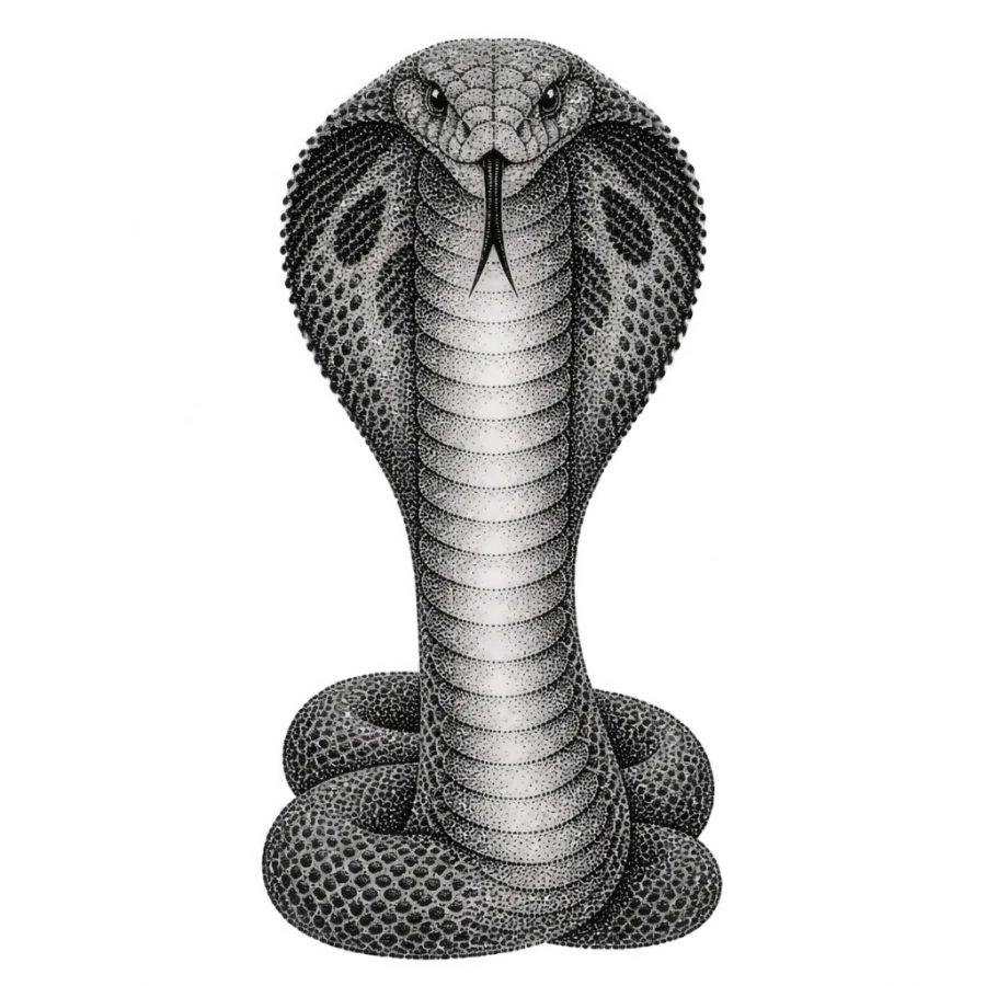 Dotwork stippled king cobra tattoo design sized for the side of the neck
