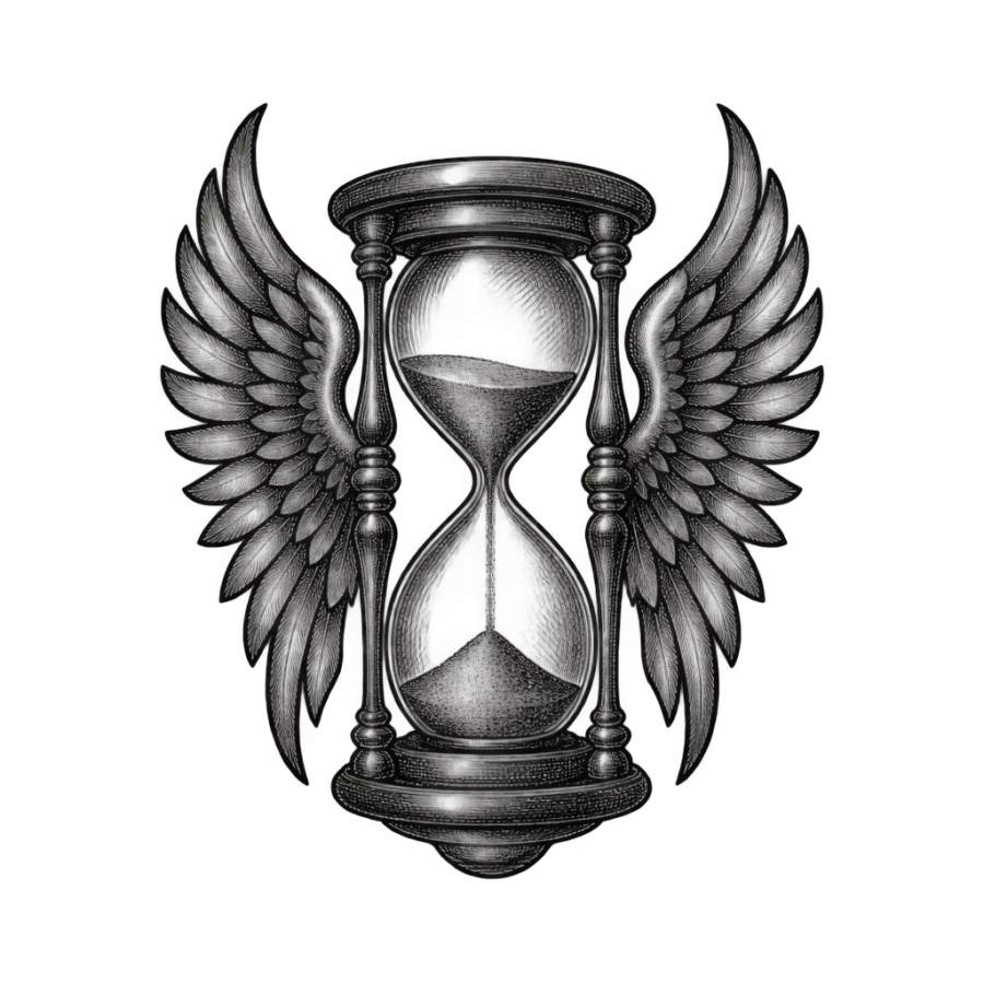 Engraved woodcut winged hourglass tattoo design sized for the neck