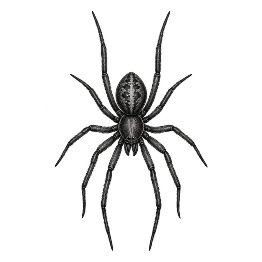 Black and grey neck tattoo of a resting spider seen from above