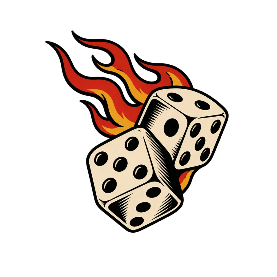 Neo traditional neck tattoo of tumbling dice with a short flame trail