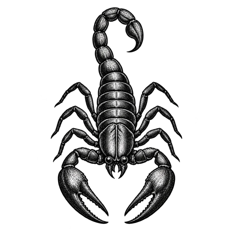 Engraved neck tattoo of a scorpion seen from above with a raised tail