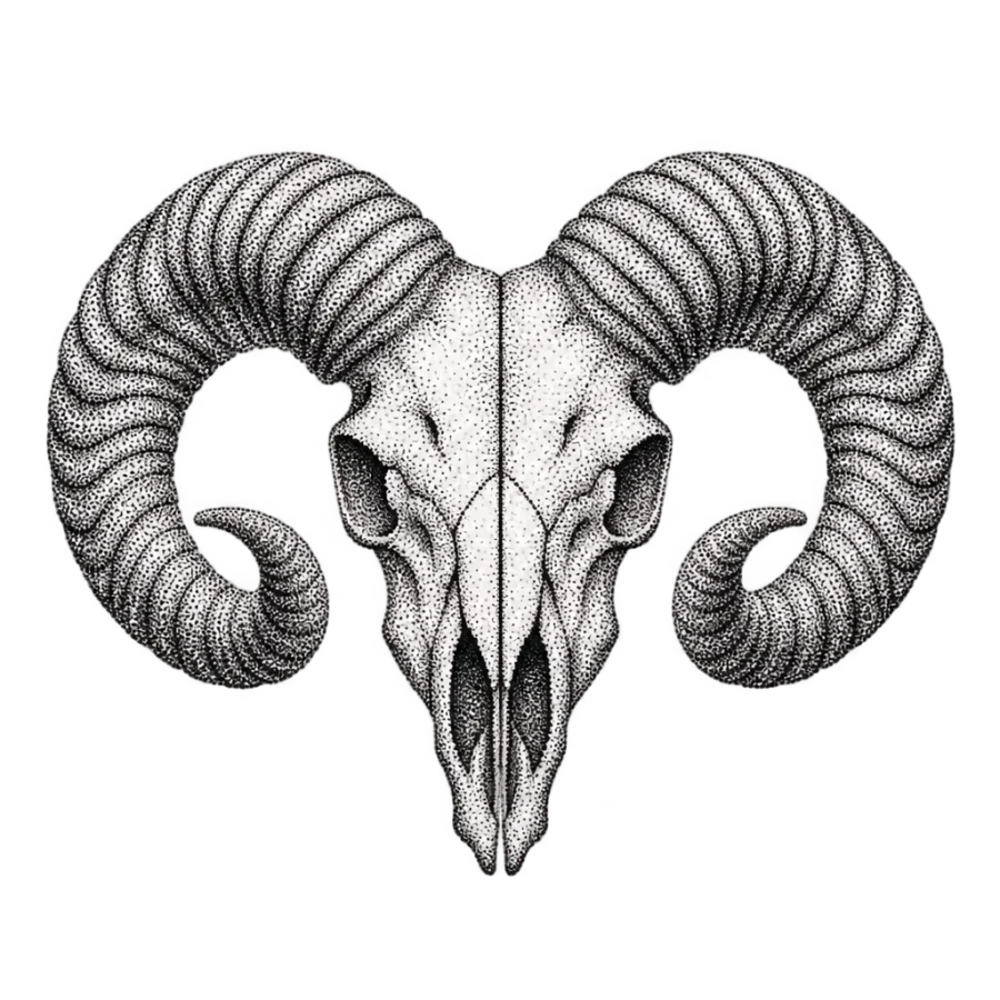 Dotwork neck tattoo of a ram skull with large curled horns front on