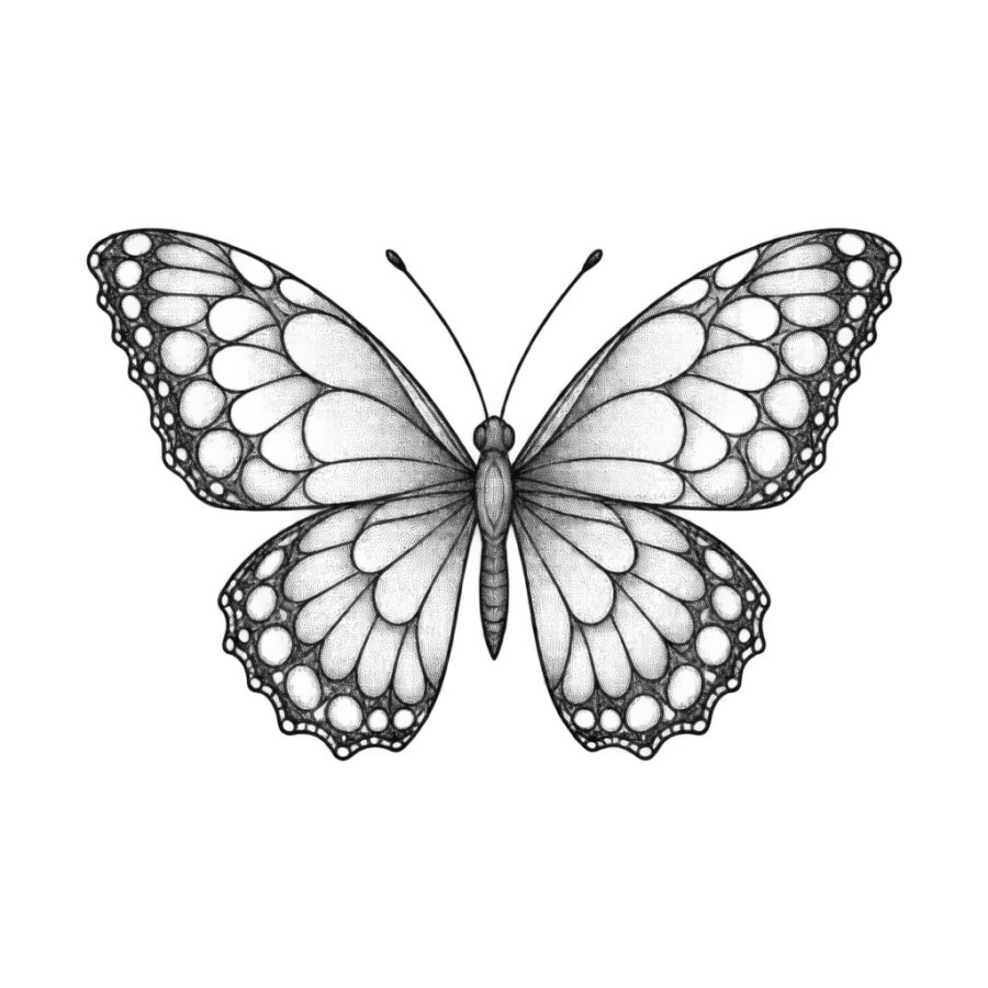 Fine line neck tattoo of a butterfly with lace patterned open wings