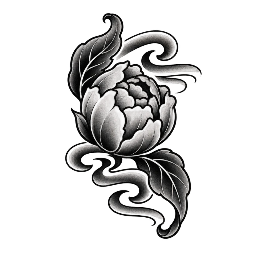 Japanese irezumi neck tattoo of a peony bud opening with curling leaves
