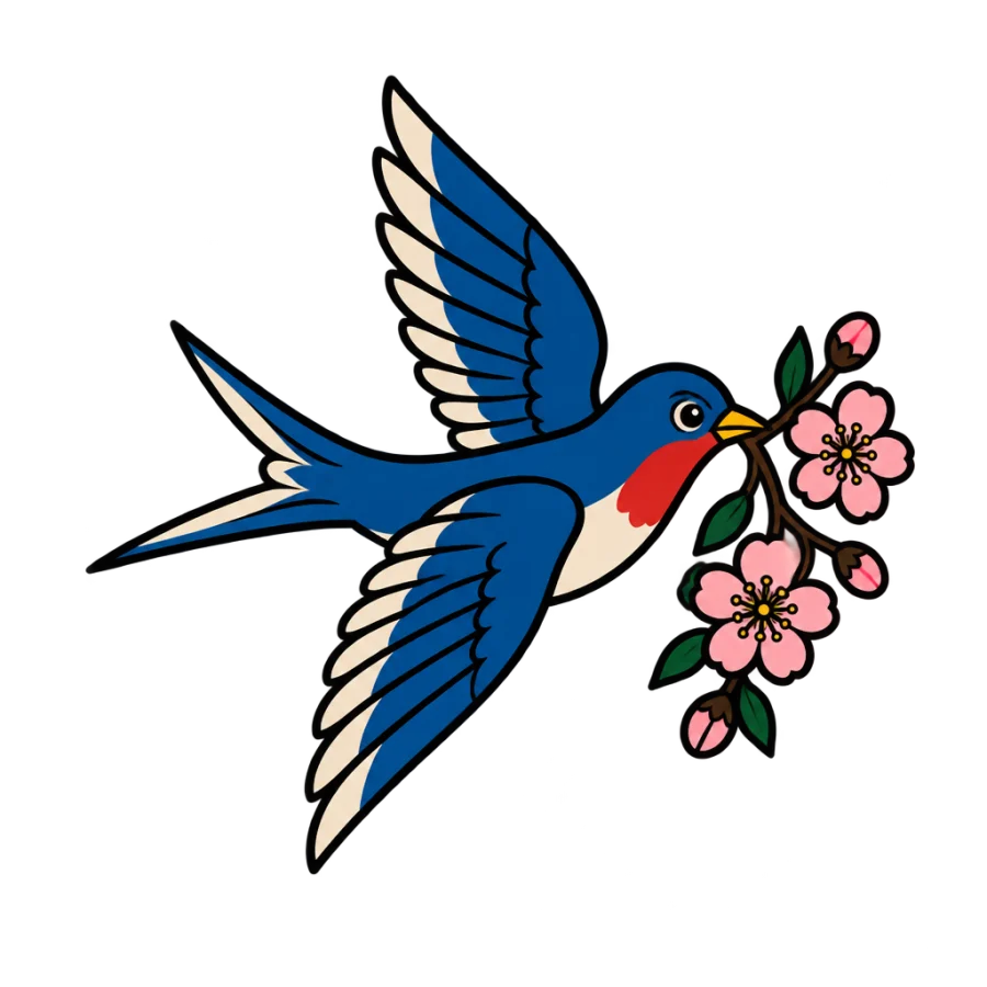 American traditional neck tattoo of a bluebird carrying a cherry blossom sprig