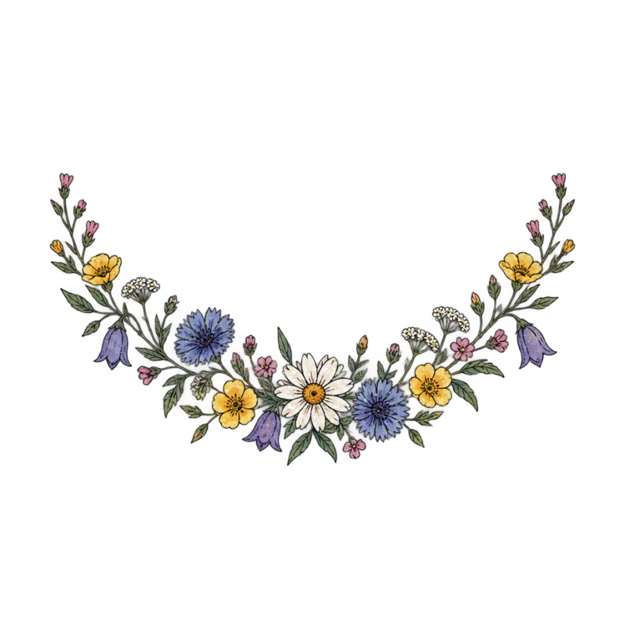 Watercolour neck tattoo of a crescent spray of small wildflowers