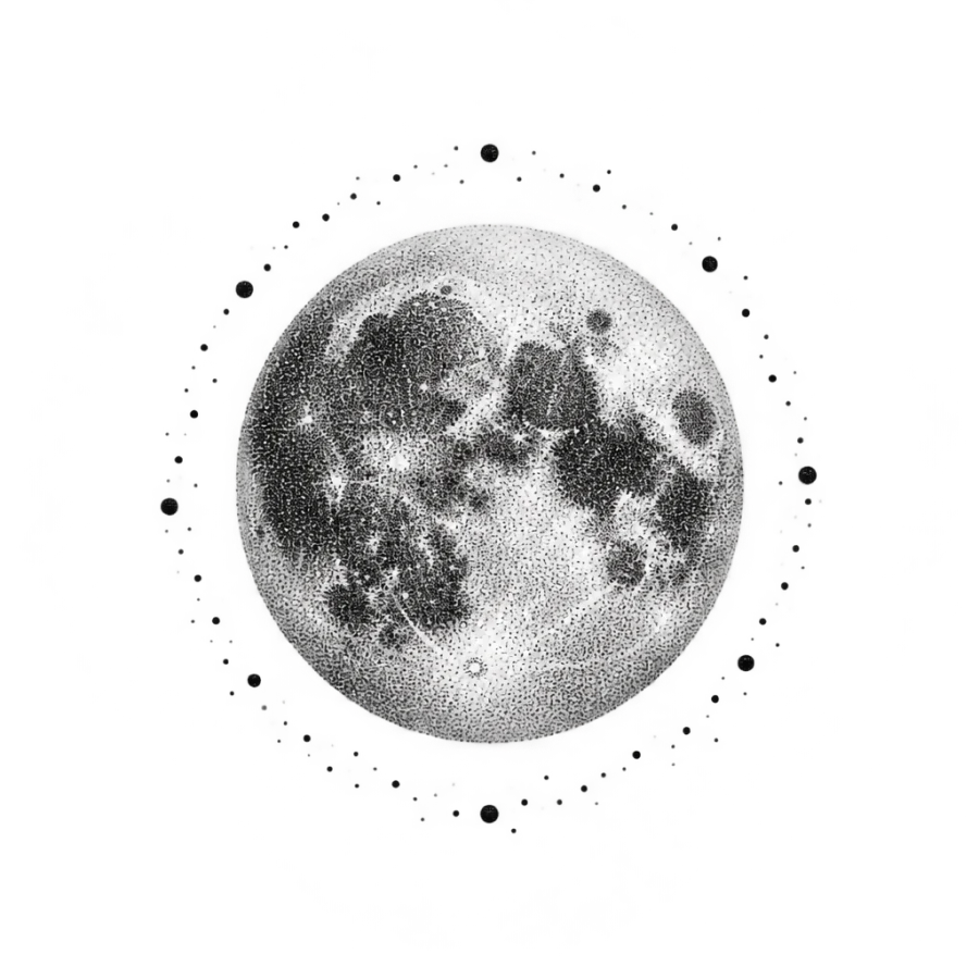 Dotwork stippled full moon tattoo sized for the nape of the neck