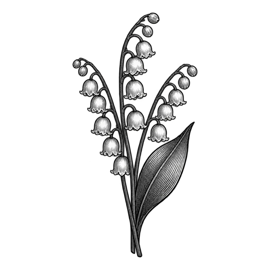 Engraved neck tattoo of lily of the valley stems with small bell flowers