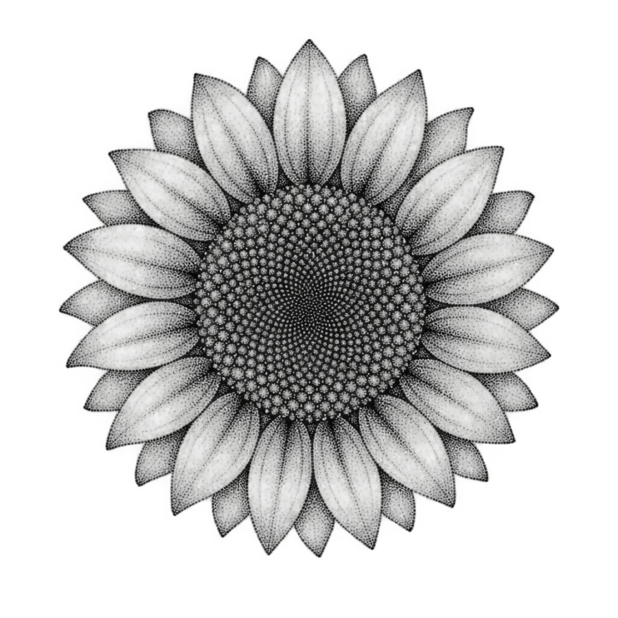 Dotwork neck tattoo of a sunflower head with a seeded centre
