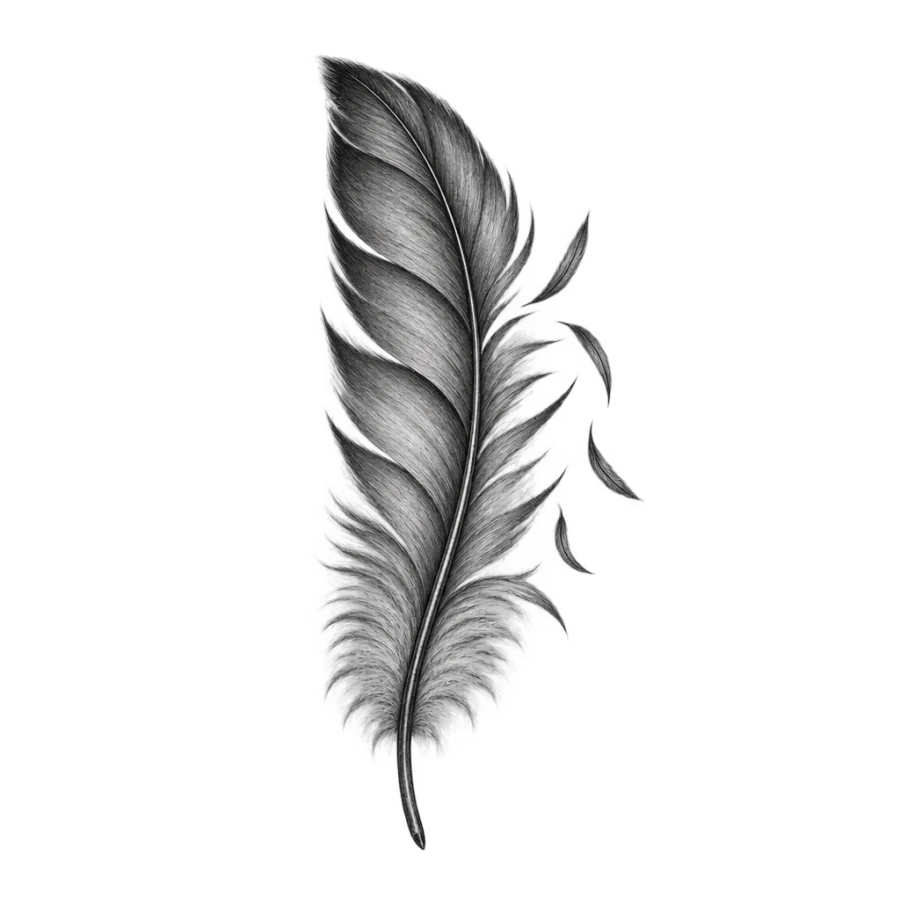 Black and grey neck tattoo of a soft feather with loose barbs