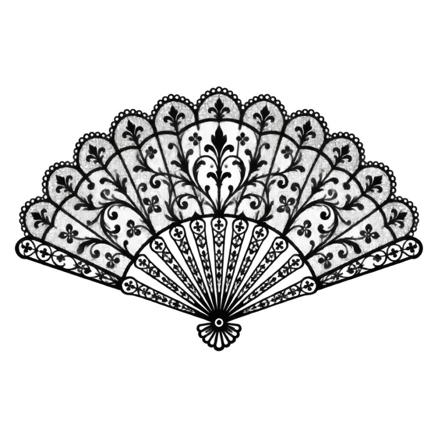 Ornamental neck tattoo of an open hand fan with lace ribs
