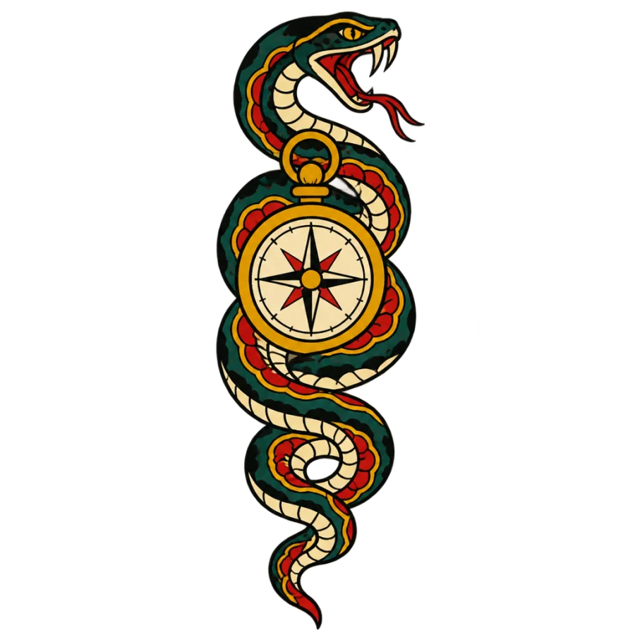 American traditional rib tattoo of a serpent coiled around a compass