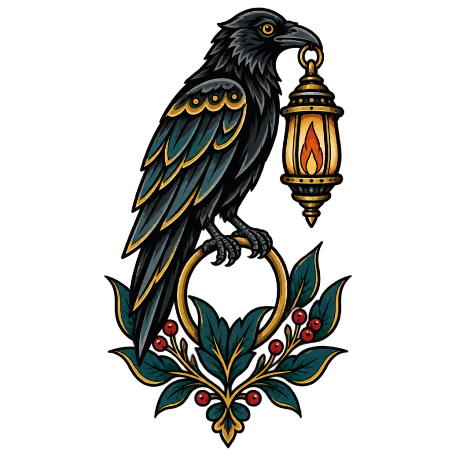 Neo traditional rib tattoo of a raven carrying a lantern on a ring