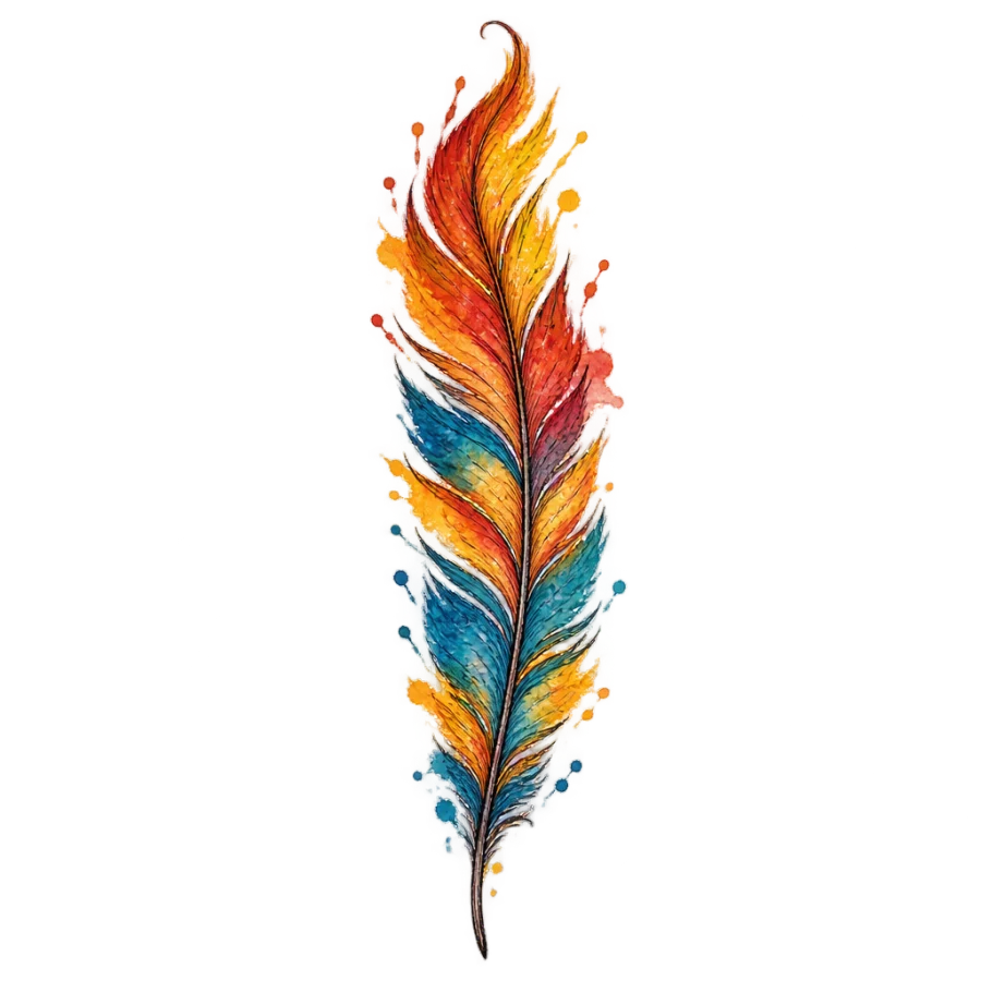 Watercolour rib tattoo of a tall phoenix feather with bleeding colour