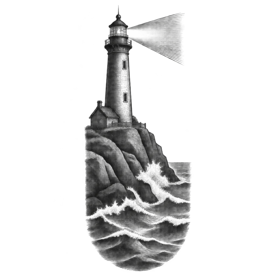 Engraved woodcut rib tattoo design of a lighthouse above a choppy sea
