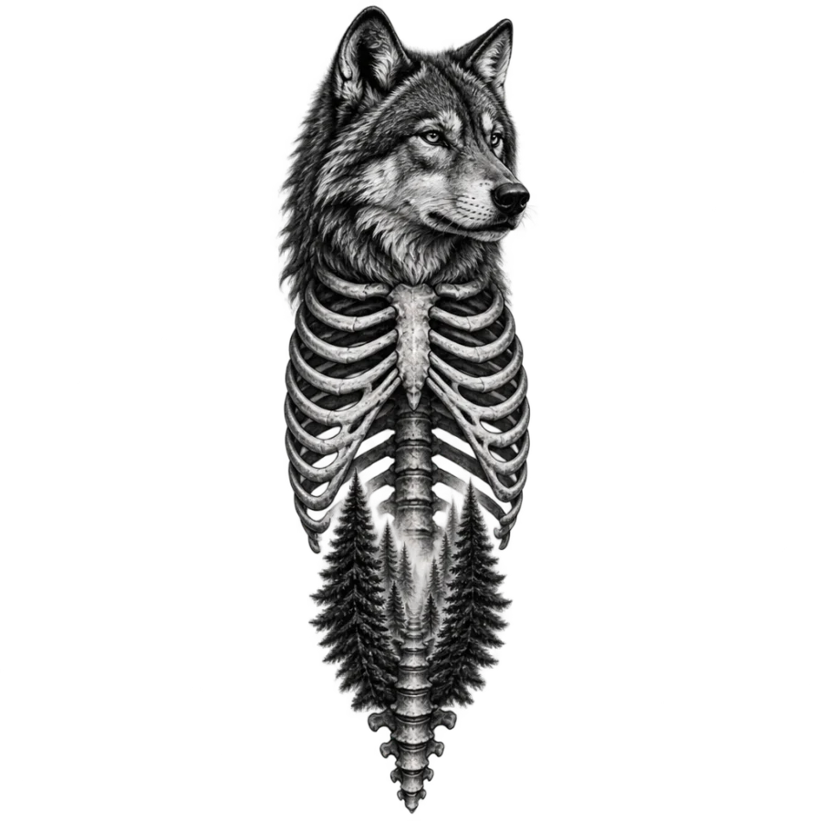 Black and grey realism rib tattoo of a wolf head above pine trees