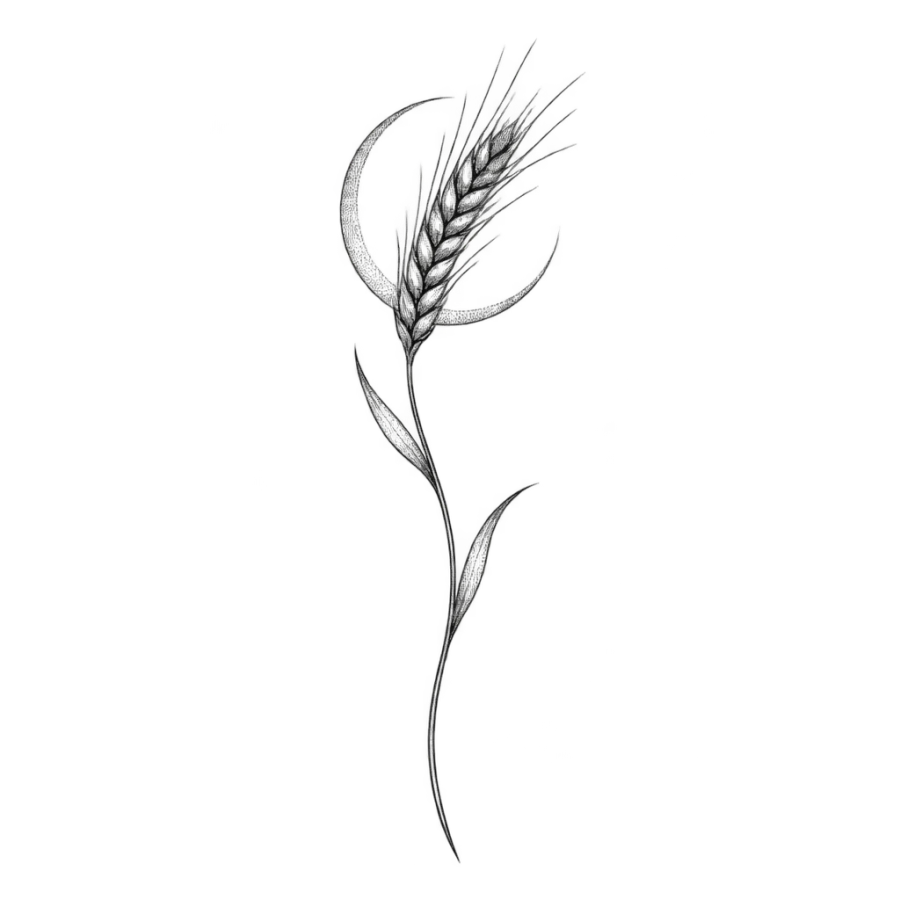 Fine line rib tattoo of a bending wheat stalk and a crescent moon